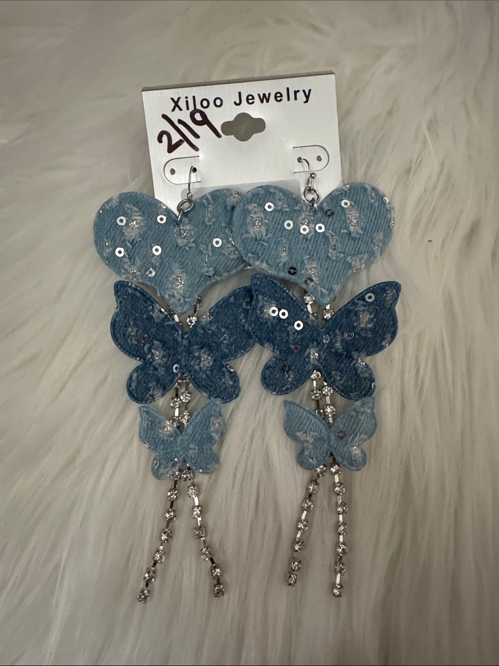 Xiloo Jewelry Denim Butterfly Drop Earrings with Rhinestone Strands